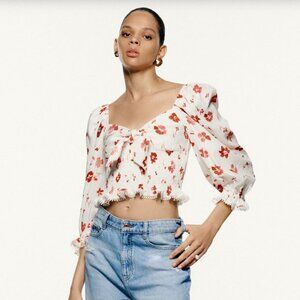 Zara Floral Print‎ Linen Blend Square Neck Puff Sleeve Cropped Blouse Size S